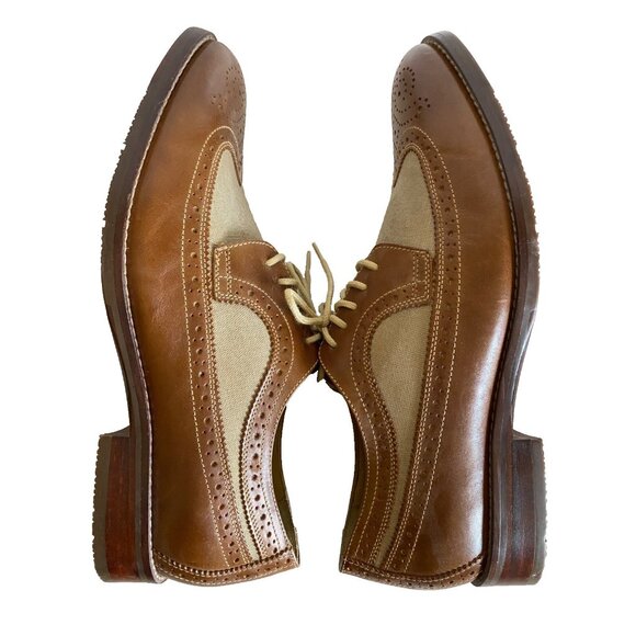 Johnston & Murphy Garner Wingtip Shoes Men Sz 11 Brown Tan Leather Linen Oxford - Picture 6 of 15